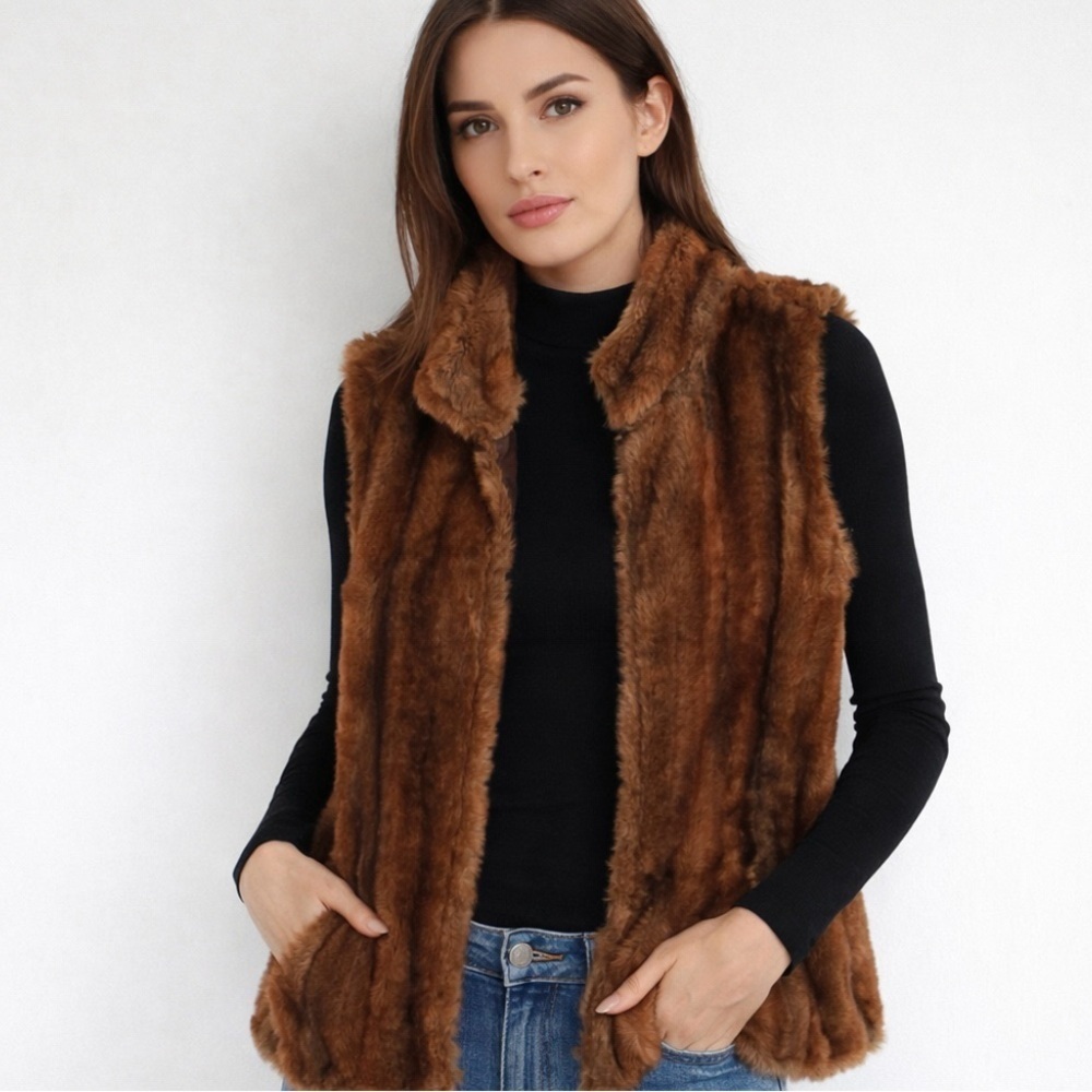 Chico’s Women’s Faux Fur Mink Lined Vest Casual Career Brown Size Chico’s 1